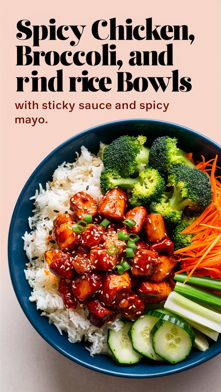 Spicy Chicken, Broccoli, and Rice Bowls with Sticky Sauce & Spicy Mayo